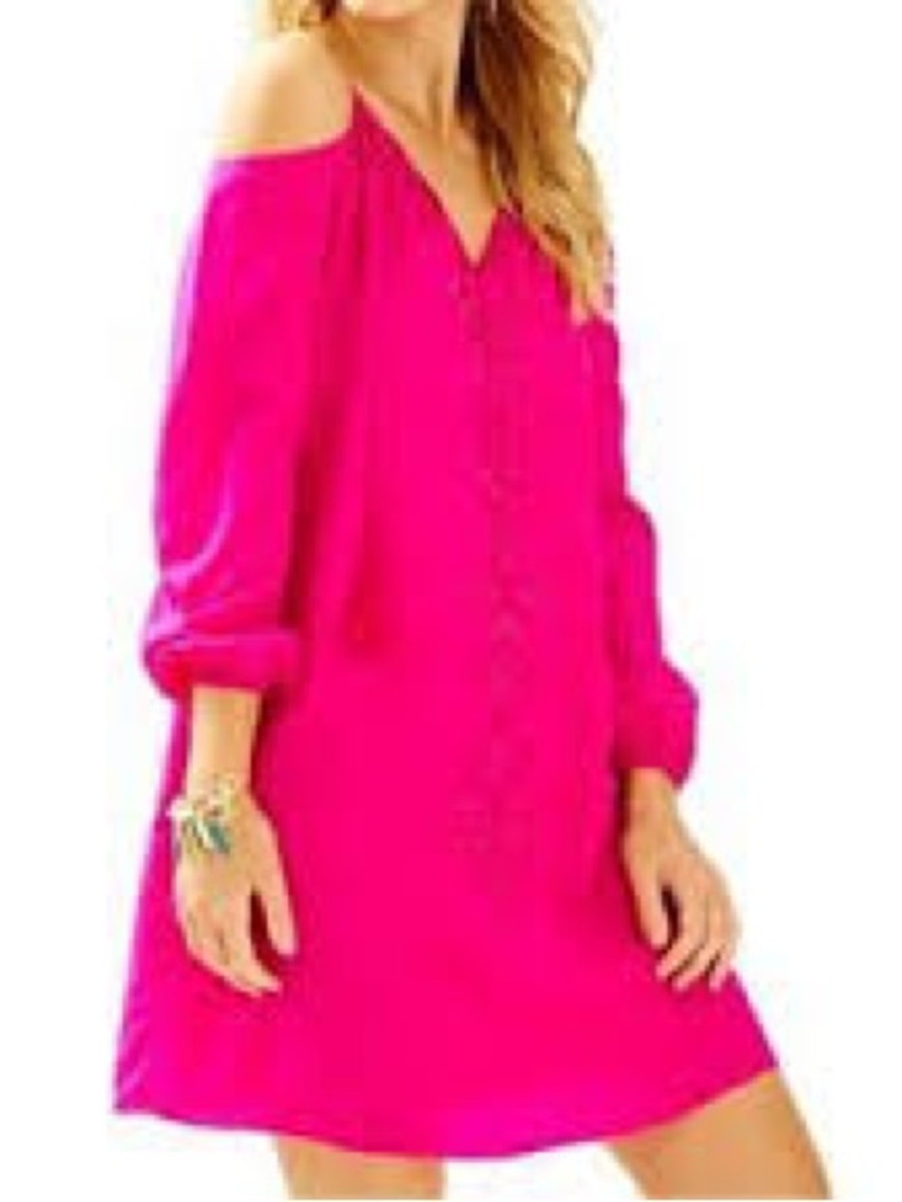 Lilly Pulitzer Hot Pink Fulton Silk Tunic Dress cold shoulder beaded embroidery